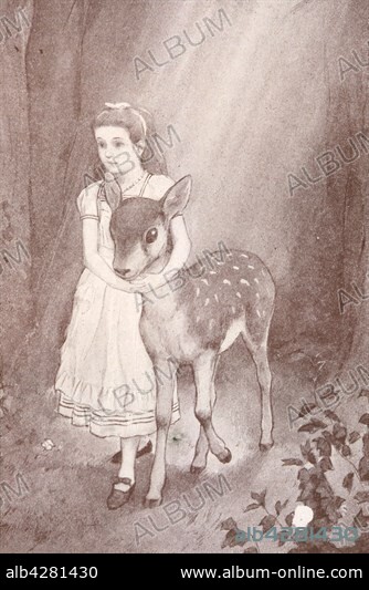 Illustration by Peter Newell. Alice's Adventures in Wonderland, by Lewis Carroll. New York, Harper, 1901.. . Alice and the deer.