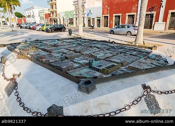 Bronze model of layout of Spanish colonial city; Campeche; Campeche State; Mexico; Central America.