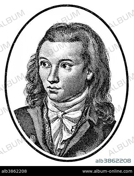 Historical print, engraving, 1845, portrait of Novalis or Georg Philipp Friedrich Freiherr von Hardenberg, 1772-1801, German writer of early Romanticism, philosopher and mining engineer, from Bildatlas zur Geschichte der Deutschen Nationalliteratur by Gustav Koennecke, picture atlas, 1887.