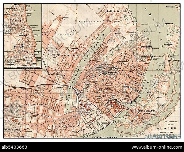 Historic map of Copenhagen, Denmark, 19th Century, from Meyers Konversations-Lexikon encyclopaedia, 1889, Europe.