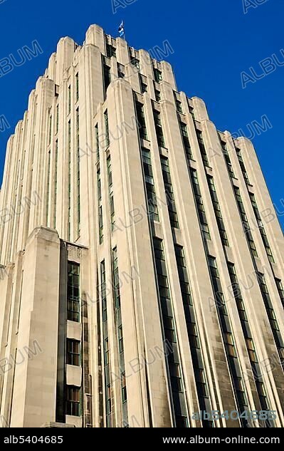 Historic Art Deco skyscraper, Aldred Building, Vieux Montreal, Old Montreal, Quebec, Canada, North America.