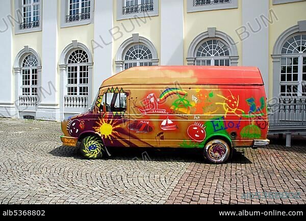 Painted DAF car in front of an art gallery by Pawel Althamer, 'Fruehling' exhibition, Fridericianum Museum, Friedrichsplatz Square, Kassel, Hesse, Germany, Europe.