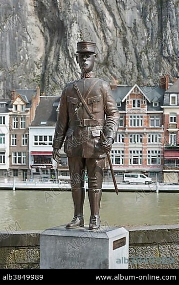 Sculpture Charles de Gaulle, 1890-1970, wounded on the bridge at Dinant on 15 August 1914, First World War, Dinant, Wallonia, Belgium, Europe.