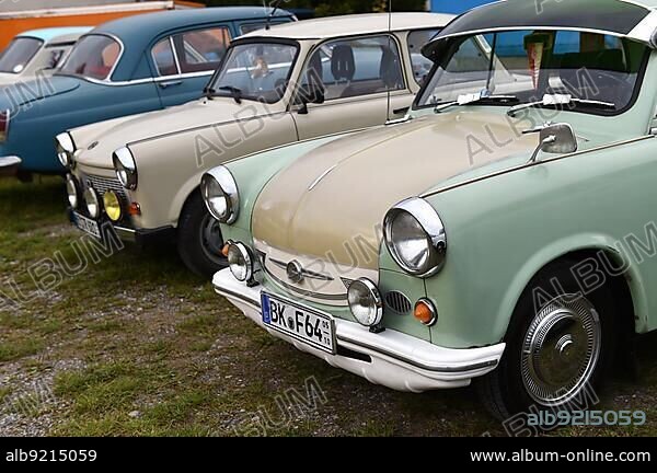 DDR vintage cars Trabant 601, P50 and Wolga GAZ-21 at a vintage car meeting in Benneckenstein in the Harz Mountains, Germany, Europe.