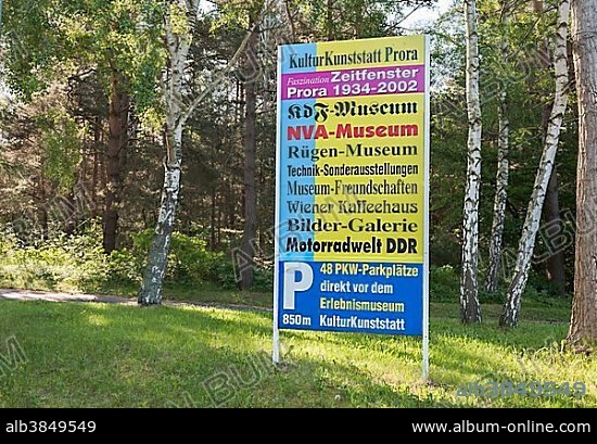 Today's information board in Prora, former seaside resort Rügen of the Kraft durch Freude or KdF organization, unfinished major project under National Socialism, 1936-39, Prora district, Binz, Rügen, Mecklenburg-Western Pomerania, Germany, Europe.