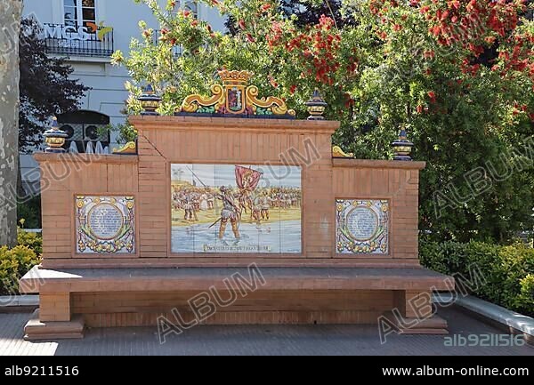 Historical mural with tiles on the city's history, Plaza de San Francisco, Badajoz, Extremadura, Spain, Europe.