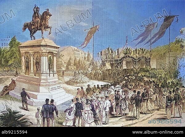 Inauguration of the equestrian monument to Charlemagne, 26 July 1868, in Liege, Liège, Belgium, Historic, digitally restored reproduction of a 19th century original, exact original date unknown, Europe.