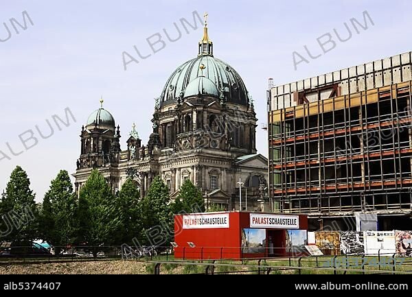 Demolition work at the Palace of the Republic Palast der Republik next to the Dome Berlin Germany.