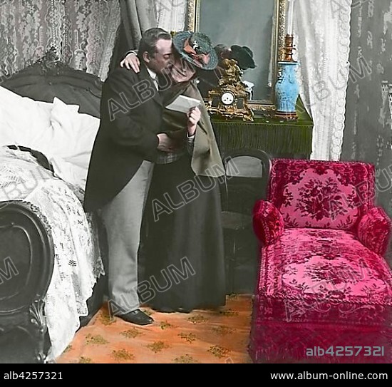 Erotic, series, man and woman hug each other in the bedroom, 1910s, Germany, Europe.