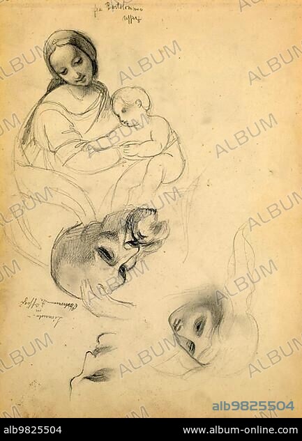 Madonna and Child; sketches after Leonardo da Vinci and Fra Bartolomeo from works in the Uffizi Gallery; Florence; Historic; digitally restored reproduction from a 19th century original.