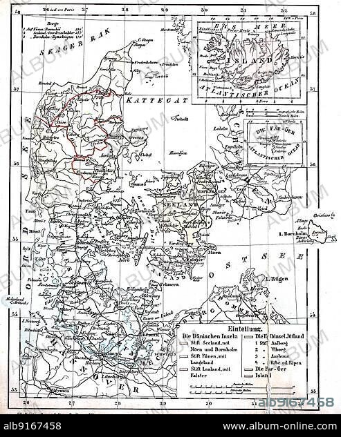 Map of Denmark and Prussian Province of Schleswig-Holstein circa 1890, Germany, Historical, digitally restored reproduction of a 19th century original, exact original date unknown, Europe.