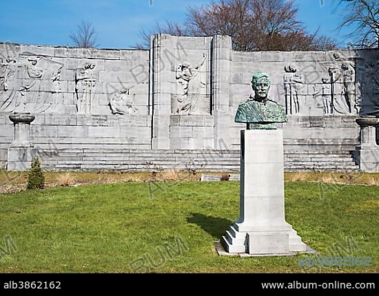 Belgian military cemetery, memorial wall with reliefs, bust of King Albert I, conquest of Liège was the first major offensive operation, First World War, Liège, Wallonia, Belgium, Europe.