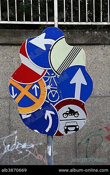 Road sign art, artwork, at the train station of Biberach, Upper Swabia, Baden-Wuerttemberg, Germany, Europe.
