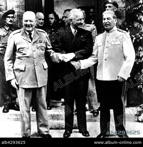 Potsdam Conference. Truman, Stalin and Churchill. November 1945. Second World War.