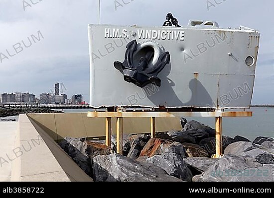 Monument H.M.S. Vindictive, bow of British cruiser from World War I, Ostend, Belgian coast, West Flanders, Belgium, Europe.