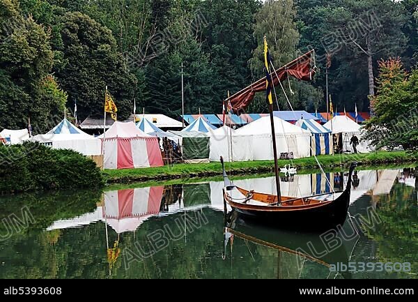 Tent city of a medieval knight camp, Knight Festival, Satzvey moated castle, Mechernich, the Eifel, North Rhine-Westphalia, Germany, Europe.