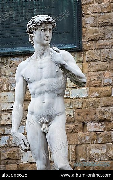 Marble statue David by Michelangelo in front of Palazzo Vecchio, Piazza della Signoria, Florence, Italy, Europe.