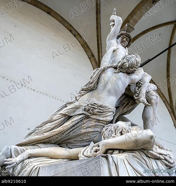 FLORENCE, TUSCANY/ITALY - OCTOBER 19 : Pyrrhus and Polyxena statue, Loggia dei Lanzi, Florence on October 19, 2019.