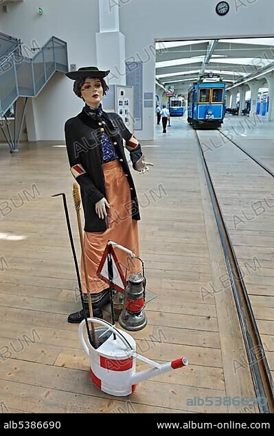 Tram tracks cleaner from 1906, figure, MVG-Museum, Muenchner Verkehrsgesellschaft, MVG, Munich Public Transportation Company, Munich, Bavaria, Germany, Europe.