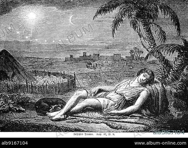 Joseph's dream, Joseph, dreaming, lying, outdoors, landscape, fortress, hill, pen, animals, night, stars, crescent moon, sun, light, shine, brothers, Bible, Old Testament, First Book of Moses, Chapter 37, Verse 9, historical illustration 1850.