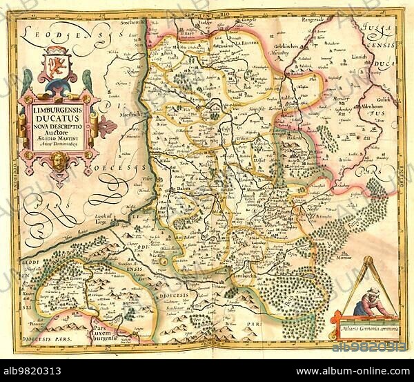 Atlas; map from 1623; Limburgensis; Limburg; Belgium; digitally restored reproduction from an engraving by Gerhard Mercator; born as Gheert Cremer; 5 March 1512; 2 December 1594; geographer and cartographer; Europe.