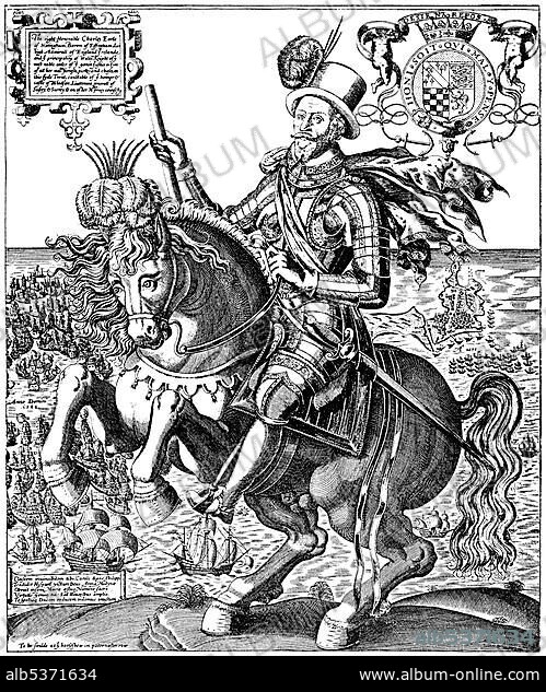 Historic drawing, portrait of Charles Howard, 2nd Baron Howard of Effingham, 1st Earl of Nottingham, 1536 - 1624, an English statesman and admiral, commander of the English fleet against the Spanish Armada.