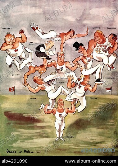 Satirical cartoon by Derso et Kelen about Czechoslovakia. (Benes supporting the French, German, Russian and British statesmen) . 1938. League of Nations. Kelen Collection.