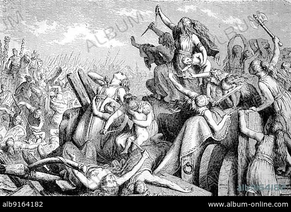The ancient people of the Cimbri and Teutons defending their chariot castle against the Roman soldiers, History of Ancient Rome, Roman Empire, Italy, Historical, digitally restored reproduction of a 19th century original, Europe.
