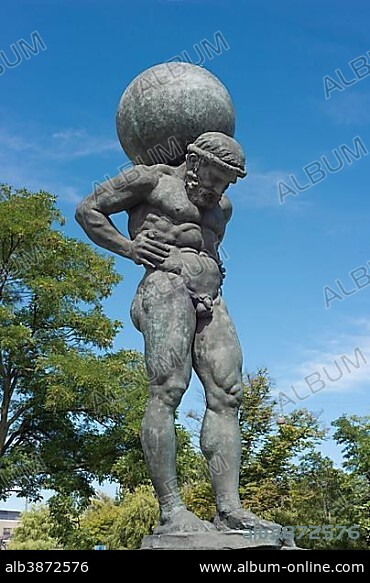 Statue of Atlas with globe on his shoulders, Copenhagen, Denmark, Europe.