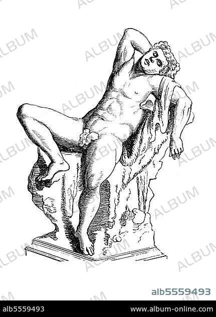 Schlafender Satyr In der griechischen Mythologie ist ein Satyr, auch Silenos, ein männlicher Naturgeist mit Ohren und einem Schwanz, der denen eines Pferdes ähnelt, sowie einer permanenten, übertriebenen Erektion, Historisch, digital restaurierte Reproduktion einer Originalvorlage aus dem 19. Jahrhundert.