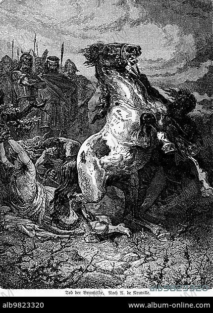 Death of Brunhilde; Visigothic princess; drag to death; battle; army; soldiers; wild horse; important woman; Frankish Empire; 10th century; history; historical illustration 1894.