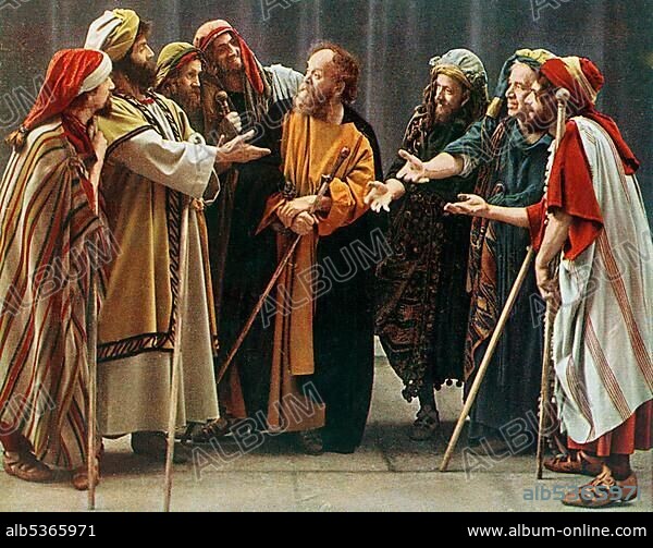 Judas and the merchants, colour post card from a Uvatypie template, Oberammergau Passion Play 1930, Upper Bavaria, Bavaria, Germany, Europe.