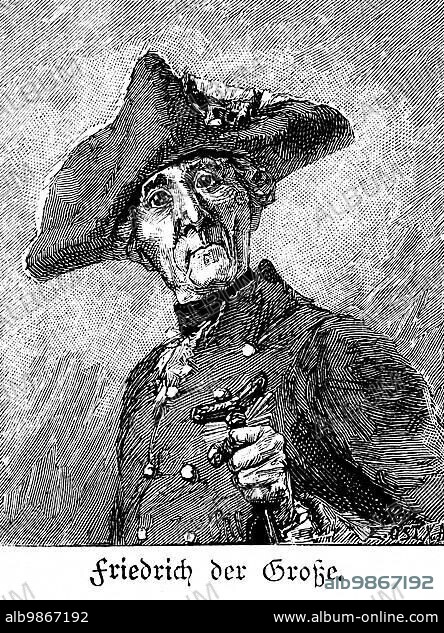 Frederick the Great (1712-1786), portrait, Berlin, Frederick II, Margrave of Brandenburg, Elector, hat, stick, jacket, from front, Germany, historical illustration c. 1898, Europe.