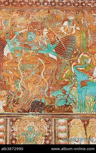 Ancient mural, Gajendra Moksham depicting the redemption of the elephant god Gajendra, the largest of its kind in Kerala, Krishnapuram Palace, Kayamkulam, Kerala, India, Asia.