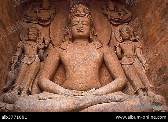 Sitting Buddha sculpture, surrounded by the Bodhisattvas Manjusri with a sword and Avalokiteshvara, archaeological site, former Buddhist monastery, Ratnagiri, Orissa, East India, India, Asia.