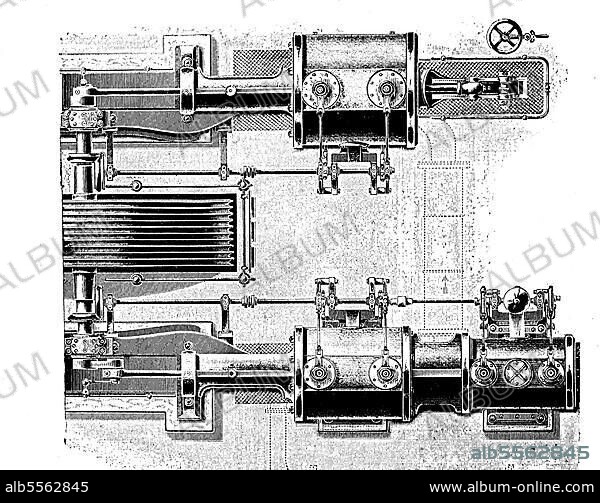 Liegende Dreifach-Expansions-Dampfmaschine mit Elsner Steuerung aus der Maschinenfabrik Görlitz, digital restaurierte Reproduktion einer Originalvorlage dem 19. Jahrhundert, Deutschland.