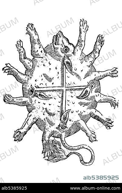 Woodcut, Animal africanum deforme, deformed African animal with eleven legs with paws, a calf's head on top, cow's tail below, a cross in the middle, at the ends of which are an eye with an ear above, Aldrovandi, Historia Monstrorum, 1642, Renaissance.