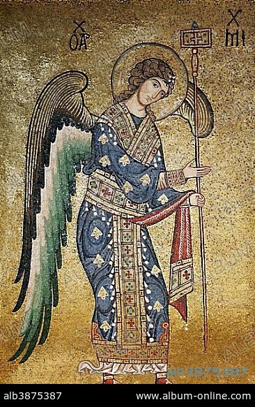 Angel, Byzantine mosaic, La Martorana Church from the Norman period, Palermo, Sicily, Italy, Europe.