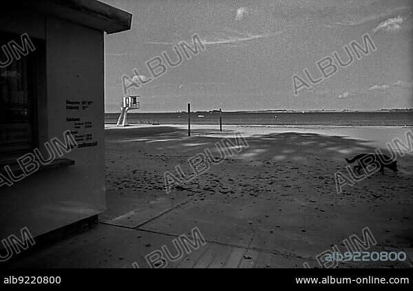 GDR, Stralsund, 23. 09. 1988, Stralsund lido, water rescue supervisory tower, ticket office, dog.