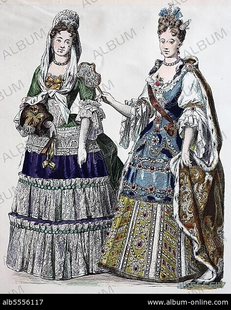 Folk traditional costume, clothing, history of costumes, clothing of Hedwig Sophie Princess of Sweden, 1700, and Elisabeth of Brunswick, Germany, 1707, digitally restored reproduction of a 19th century original, exact date unknown, Europe.