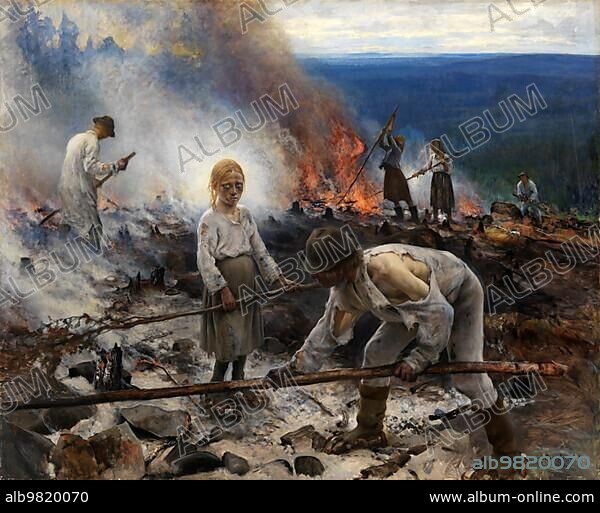 Under the Yoke; Burning of the Brushwood; Wage-Slaves; Fire-Slaughter; 1893; Painting by Eero Järnefelt; Historic; Digitally restored reproduction from an original of the time.