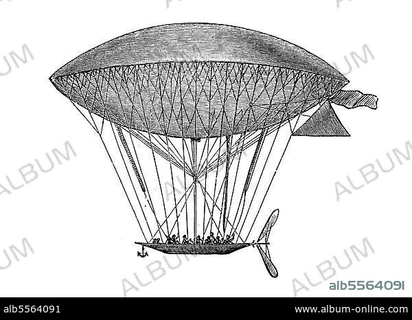 Die Luftfahrt: Der von Dupuy de Lome 1872 entwickelte schiffbare Ballon, Aviation, digital restaurierte Reproduktion einer Originalvorlage aus dem 19. Jahrhundert, Originaldatum nicht bekannt.