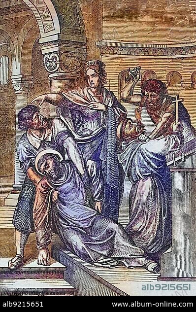 Biblical History, Martyrdom of St. Kilian, St. Kilian or St. Kilian, born around 640, was an Irish itinerant preacher and, according to tradition, an Iro-Scottish missionary bishop, Historical steel engraving from 1860.