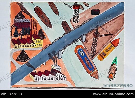 Bridge, with boat drawing, children's drawing, 12 years, Germany, Europe.