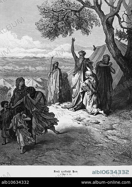 Bible, Noah curses Ham, his son, Genesis, 9, 25, Moses, Old Testament, landscape, tents, tree, curse, abandoned, children, woman, men, historical illustration 1885.