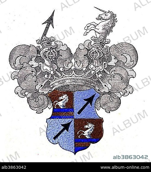 Coat of arms of Baron von Schiller, 1845, illustration, Meyers Konversations-Lexikon encyclopedia, 1897.
