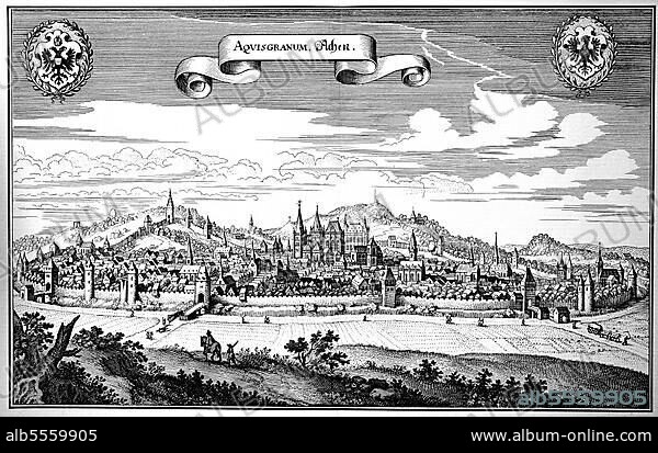 Aachen im Mittelalter, Nordrhein-Westfalen, Deutschland, Historisch, digital restaurierte Reproduktion einer Originalvorlage aus dem 18. Jahrhundert, genaues Originaldatum nicht bekannt.