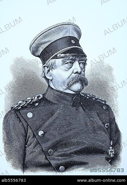 Porträt von Otto Eduard Leopold Fürst von Bismarck, Herzog von Lauenburg, 1. April 1815, 30. Juli (1898), bekannt als Otto von Bismarck, war ein konservativer preußischer Staatsmann, der von den 1860er Jahren bis 1890 die deutschen und europäischen Angelegenheiten beherrschte und zwischen 1871 und 1890 der erste Kanzler des Deutschen Reiches war, Historisch, digital restaurierte Reproduktion einer Originalvorlage aus dem 19. Jahrhundert, genaues Originaldatum nicht bekannt.