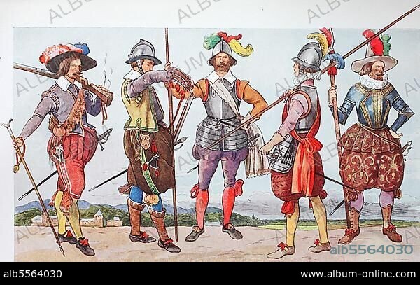 Mode, Kleidung in Europa, Kriegskostüme des Dreißigjährigen Krieges, um 1600-1650, von links, zwei Musketiere um 1609, zwei Pikeniere oder Joker und ein Hauptmann um 1615, mit Partisan, der Waffe der Pikenieroffiziere, digitale verbesserte Reproduktion nach einem Original aus dem Jahr 1900.