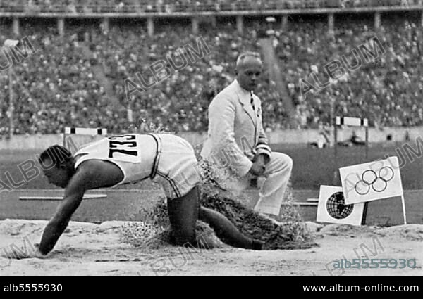 Long jump, jump of 8.06 metres with which Jesse Owens beat the Olympic world records, gold medal, Olympic champion.